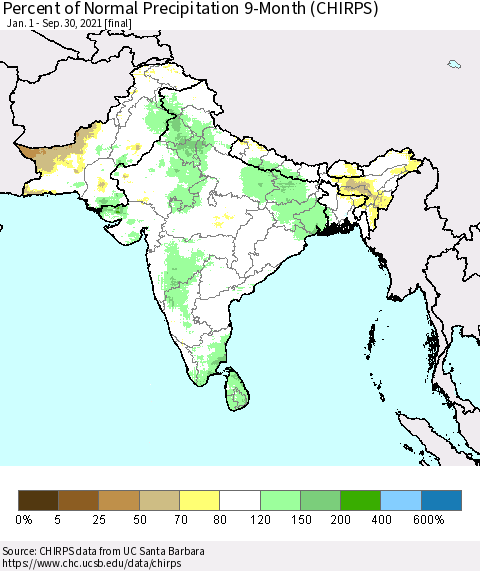 Southern Asia Percent of Normal Precipitation 9-Month (CHIRPS) Thematic Map For 1/1/2021 - 9/30/2021