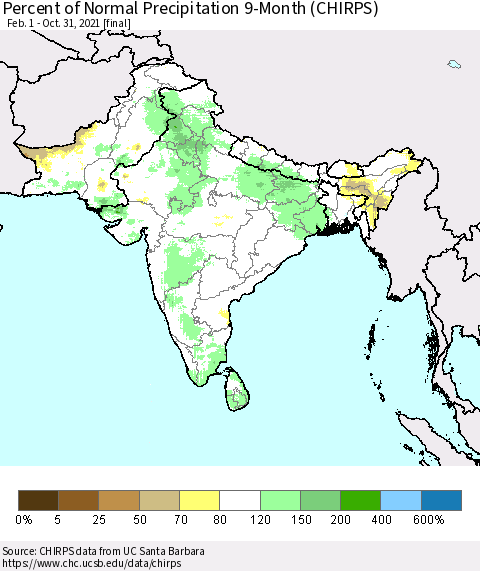 Southern Asia Percent of Normal Precipitation 9-Month (CHIRPS) Thematic Map For 2/1/2021 - 10/31/2021