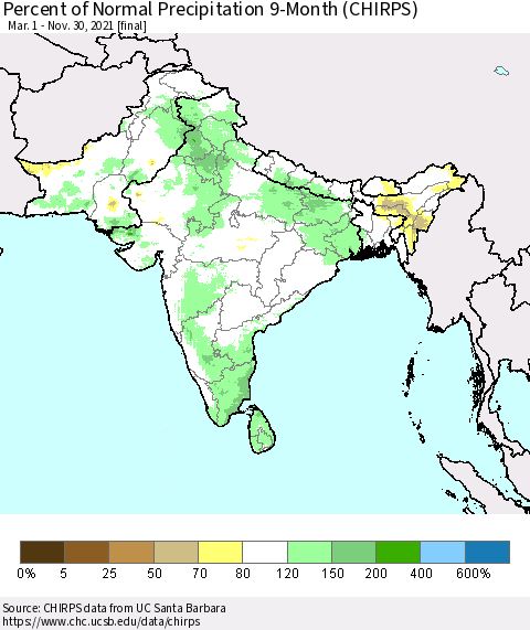 Southern Asia Percent of Normal Precipitation 9-Month (CHIRPS) Thematic Map For 3/1/2021 - 11/30/2021