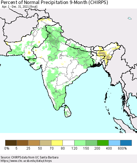 Southern Asia Percent of Normal Precipitation 9-Month (CHIRPS) Thematic Map For 4/1/2021 - 12/31/2021