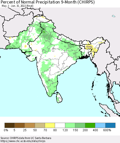 Southern Asia Percent of Normal Precipitation 9-Month (CHIRPS) Thematic Map For 5/1/2021 - 1/31/2022
