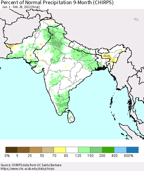 Southern Asia Percent of Normal Precipitation 9-Month (CHIRPS) Thematic Map For 6/1/2021 - 2/28/2022