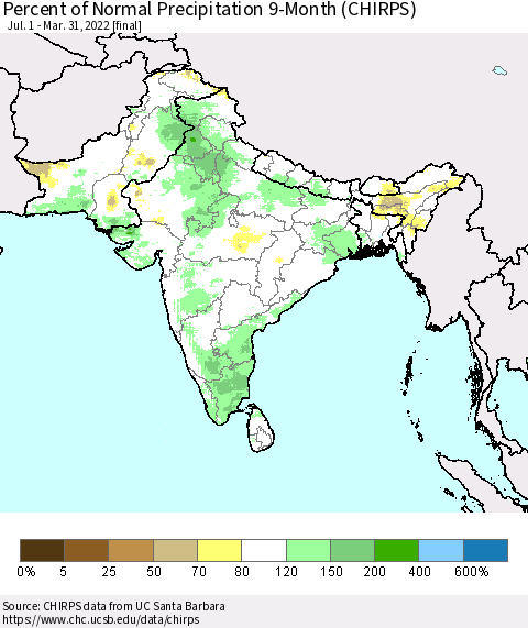 Southern Asia Percent of Normal Precipitation 9-Month (CHIRPS) Thematic Map For 7/1/2021 - 3/31/2022
