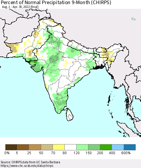 Southern Asia Percent of Normal Precipitation 9-Month (CHIRPS) Thematic Map For 8/1/2021 - 4/30/2022