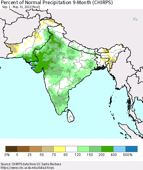 Southern Asia Percent of Normal Precipitation 9-Month (CHIRPS) Thematic Map For 9/1/2021 - 5/31/2022