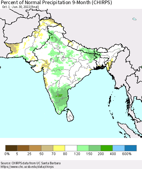 Southern Asia Percent of Normal Precipitation 9-Month (CHIRPS) Thematic Map For 10/1/2021 - 6/30/2022