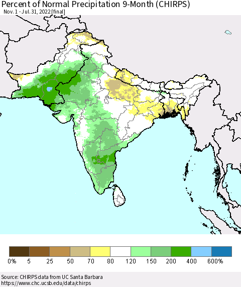 Southern Asia Percent of Normal Precipitation 9-Month (CHIRPS) Thematic Map For 11/1/2021 - 7/31/2022