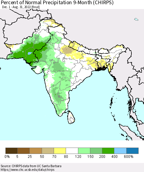 Southern Asia Percent of Normal Precipitation 9-Month (CHIRPS) Thematic Map For 12/1/2021 - 8/31/2022