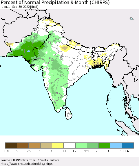 Southern Asia Percent of Normal Precipitation 9-Month (CHIRPS) Thematic Map For 1/1/2022 - 9/30/2022