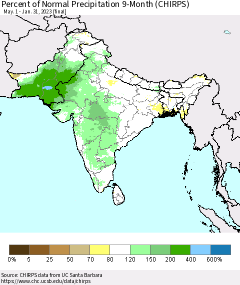 Southern Asia Percent of Normal Precipitation 9-Month (CHIRPS) Thematic Map For 5/1/2022 - 1/31/2023