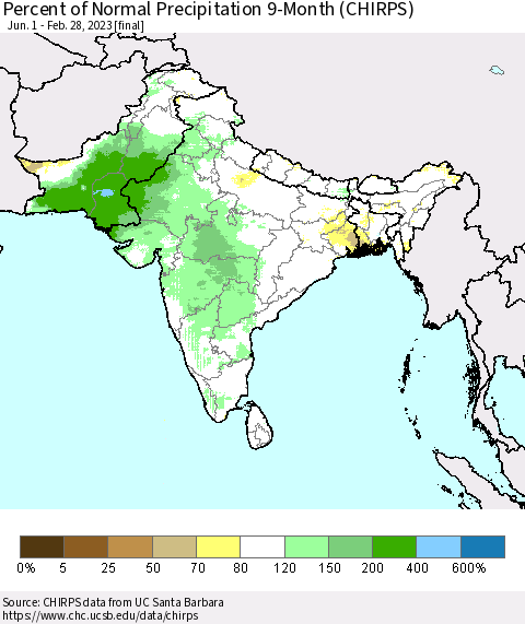 Southern Asia Percent of Normal Precipitation 9-Month (CHIRPS) Thematic Map For 6/1/2022 - 2/28/2023