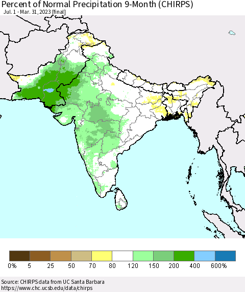 Southern Asia Percent of Normal Precipitation 9-Month (CHIRPS) Thematic Map For 7/1/2022 - 3/31/2023