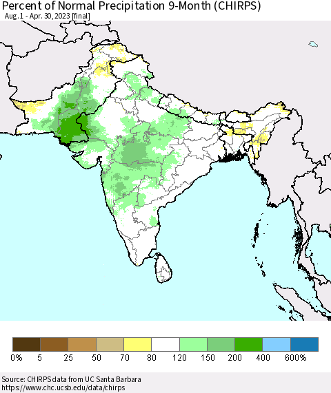 Southern Asia Percent of Normal Precipitation 9-Month (CHIRPS) Thematic Map For 8/1/2022 - 4/30/2023