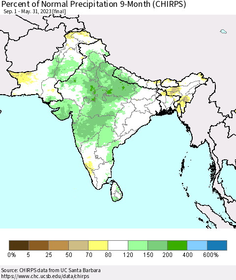 Southern Asia Percent of Normal Precipitation 9-Month (CHIRPS) Thematic Map For 9/1/2022 - 5/31/2023