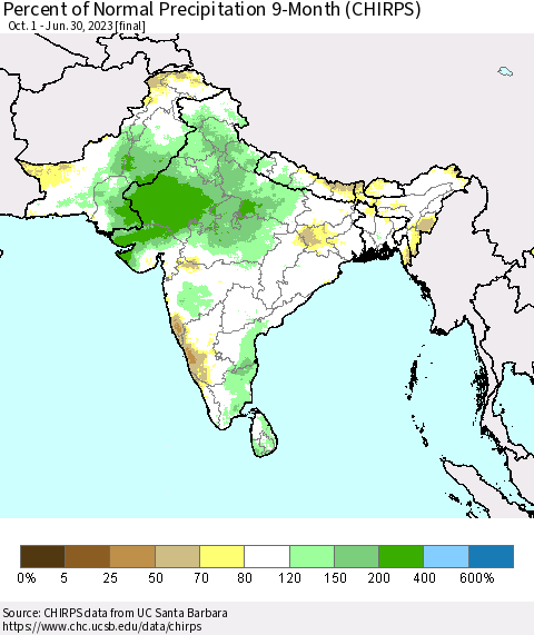 Southern Asia Percent of Normal Precipitation 9-Month (CHIRPS) Thematic Map For 10/1/2022 - 6/30/2023