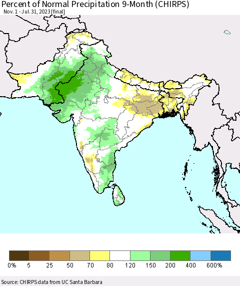Southern Asia Percent of Normal Precipitation 9-Month (CHIRPS) Thematic Map For 11/1/2022 - 7/31/2023