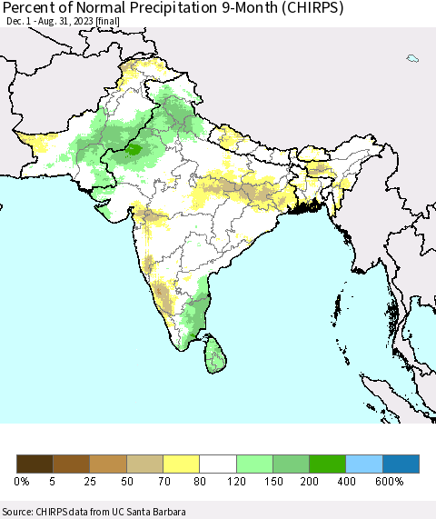 Southern Asia Percent of Normal Precipitation 9-Month (CHIRPS) Thematic Map For 12/1/2022 - 8/31/2023