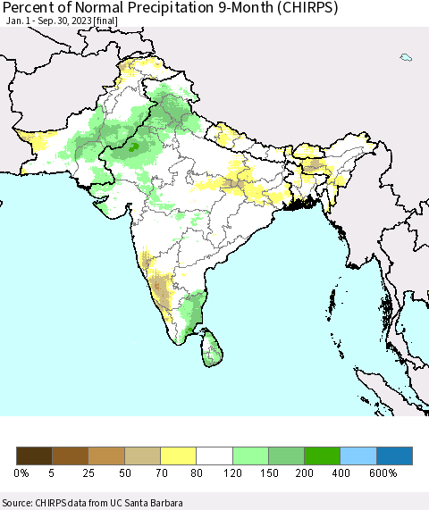 Southern Asia Percent of Normal Precipitation 9-Month (CHIRPS) Thematic Map For 1/1/2023 - 9/30/2023