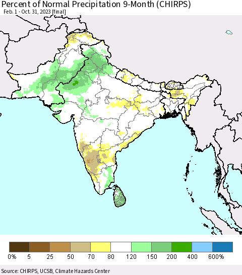 Southern Asia Percent of Normal Precipitation 9-Month (CHIRPS) Thematic Map For 2/1/2023 - 10/31/2023
