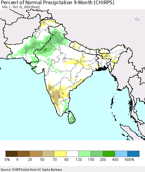 Southern Asia Percent of Normal Precipitation 9-Month (CHIRPS) Thematic Map For 2/1/2023 - 10/31/2023