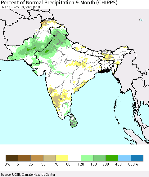 Southern Asia Percent of Normal Precipitation 9-Month (CHIRPS) Thematic Map For 3/1/2023 - 11/30/2023