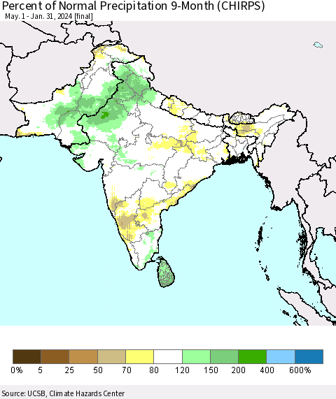 Southern Asia Percent of Normal Precipitation 9-Month (CHIRPS) Thematic Map For 5/1/2023 - 1/31/2024