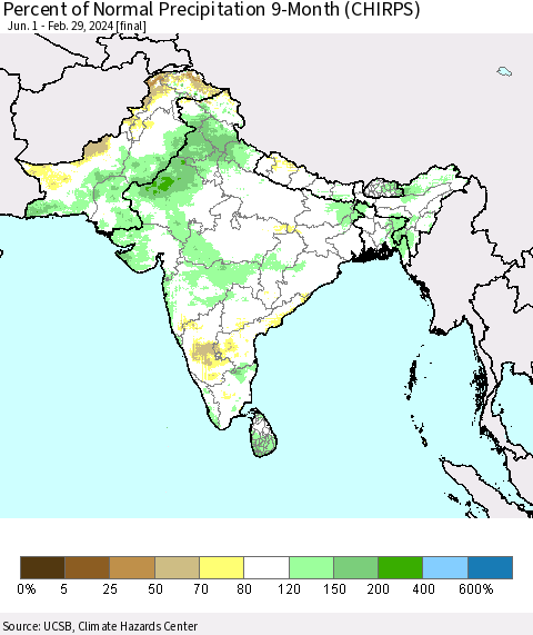 Southern Asia Percent of Normal Precipitation 9-Month (CHIRPS) Thematic Map For 6/1/2023 - 2/29/2024