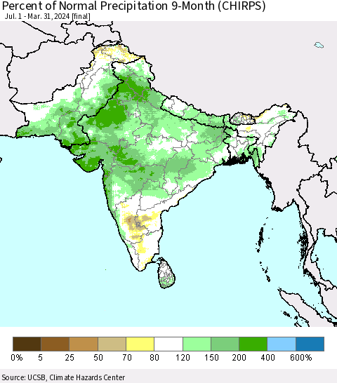 Southern Asia Percent of Normal Precipitation 9-Month (CHIRPS) Thematic Map For 7/1/2023 - 3/31/2024