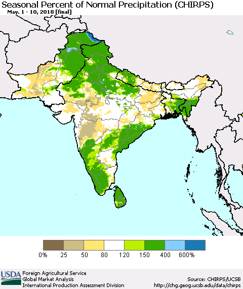 Southern Asia Seasonal Percent of Normal Precipitation (CHIRPS) Thematic Map For 5/1/2018 - 5/10/2018