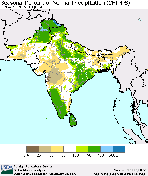 Southern Asia Seasonal Percent of Normal Precipitation (CHIRPS) Thematic Map For 5/1/2018 - 5/20/2018