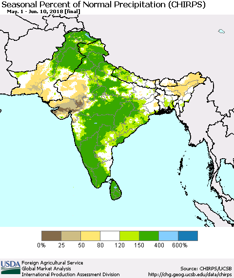 Southern Asia Seasonal Percent of Normal Precipitation (CHIRPS) Thematic Map For 5/1/2018 - 6/10/2018