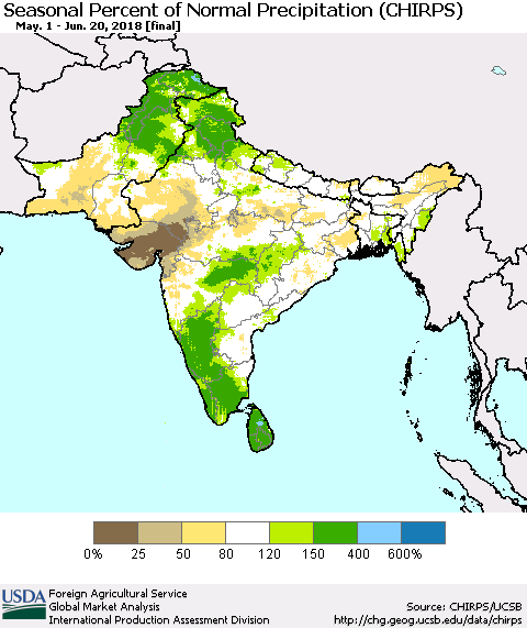 Southern Asia Seasonal Percent of Normal Precipitation (CHIRPS) Thematic Map For 5/1/2018 - 6/20/2018