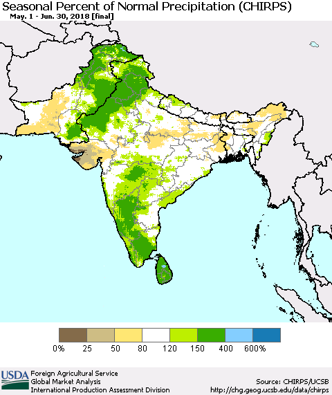 Southern Asia Seasonal Percent of Normal Precipitation (CHIRPS) Thematic Map For 5/1/2018 - 6/30/2018
