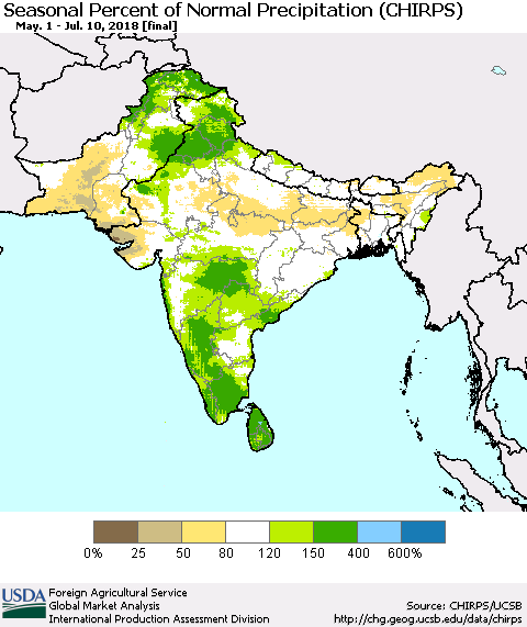 Southern Asia Seasonal Percent of Normal Precipitation (CHIRPS) Thematic Map For 5/1/2018 - 7/10/2018