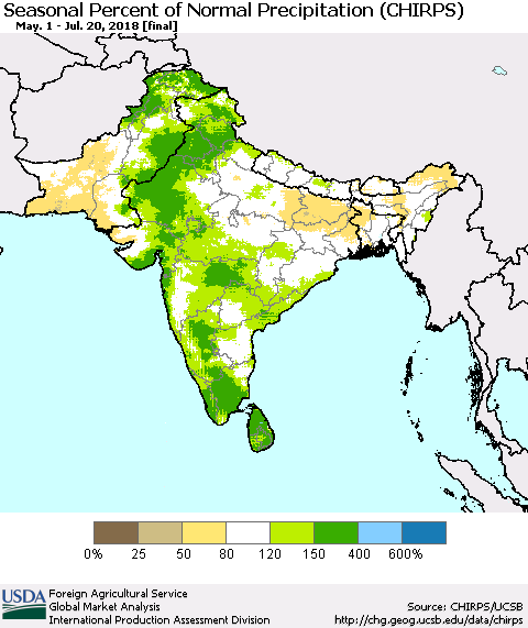 Southern Asia Seasonal Percent of Normal Precipitation (CHIRPS) Thematic Map For 5/1/2018 - 7/20/2018