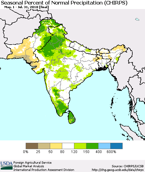 Southern Asia Seasonal Percent of Normal Precipitation (CHIRPS) Thematic Map For 5/1/2018 - 7/31/2018