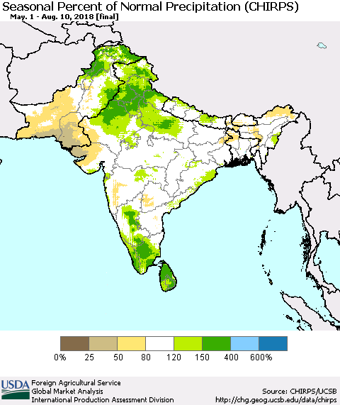Southern Asia Seasonal Percent of Normal Precipitation (CHIRPS) Thematic Map For 5/1/2018 - 8/10/2018