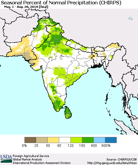 Southern Asia Seasonal Percent of Normal Precipitation (CHIRPS) Thematic Map For 5/1/2018 - 8/20/2018