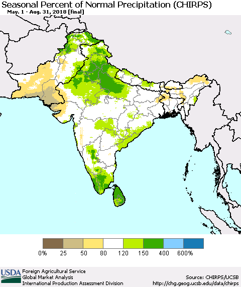 Southern Asia Seasonal Percent of Normal Precipitation (CHIRPS) Thematic Map For 5/1/2018 - 8/31/2018