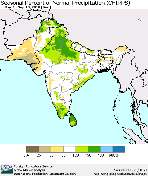 Southern Asia Seasonal Percent of Normal Precipitation (CHIRPS) Thematic Map For 5/1/2018 - 9/10/2018