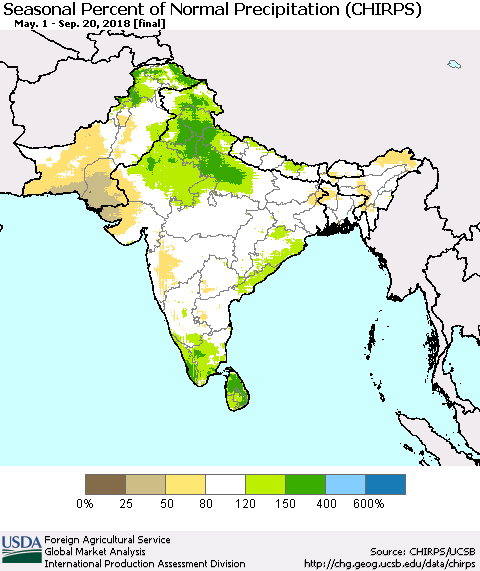 Southern Asia Seasonal Percent of Normal Precipitation (CHIRPS) Thematic Map For 5/1/2018 - 9/20/2018