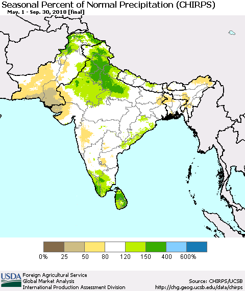 Southern Asia Seasonal Percent of Normal Precipitation (CHIRPS) Thematic Map For 5/1/2018 - 9/30/2018