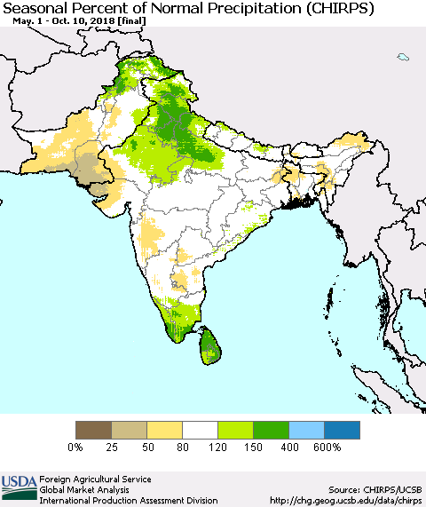 Southern Asia Seasonal Percent of Normal Precipitation (CHIRPS) Thematic Map For 5/1/2018 - 10/10/2018