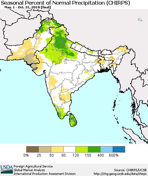 Southern Asia Seasonal Percent of Normal Precipitation (CHIRPS) Thematic Map For 5/1/2018 - 10/31/2018