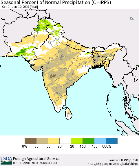 Southern Asia Seasonal Percent of Normal Precipitation (CHIRPS) Thematic Map For 10/1/2018 - 1/10/2019