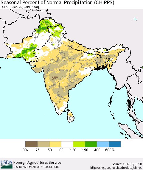 Southern Asia Seasonal Percent of Normal Precipitation (CHIRPS) Thematic Map For 10/1/2018 - 1/20/2019