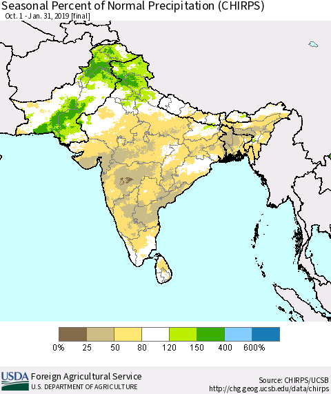 Southern Asia Seasonal Percent of Normal Precipitation (CHIRPS) Thematic Map For 10/1/2018 - 1/31/2019