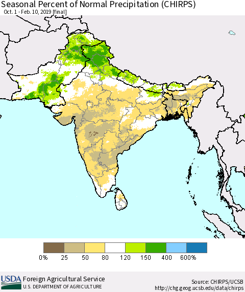 Southern Asia Seasonal Percent of Normal Precipitation (CHIRPS) Thematic Map For 10/1/2018 - 2/10/2019