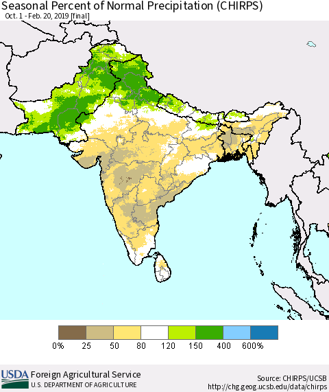 Southern Asia Seasonal Percent of Normal Precipitation (CHIRPS) Thematic Map For 10/1/2018 - 2/20/2019