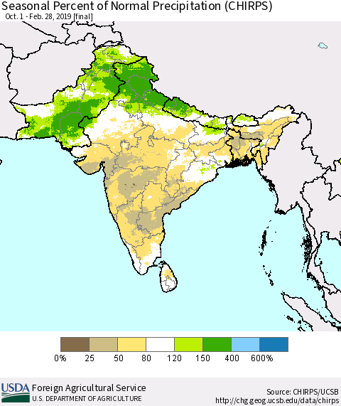 Southern Asia Seasonal Percent of Normal Precipitation (CHIRPS) Thematic Map For 10/1/2018 - 2/28/2019